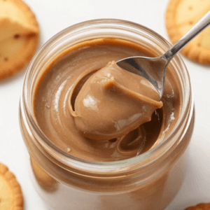 Tarro de crema de galletas Lotus casera, color caramelo, con galletas rectangulares alrededor, fotografía realista y apetecible