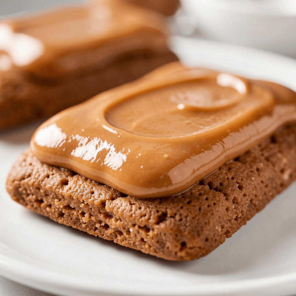 Tostada con crema de galletas Lotus casera color caramelo, galletas rectangulares visibles, textura cremosa y brillante, foto profesional de receta